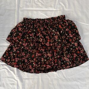 Pink Lily Black Floral Ruffled Mini Skirt with Pink & Red Blooms